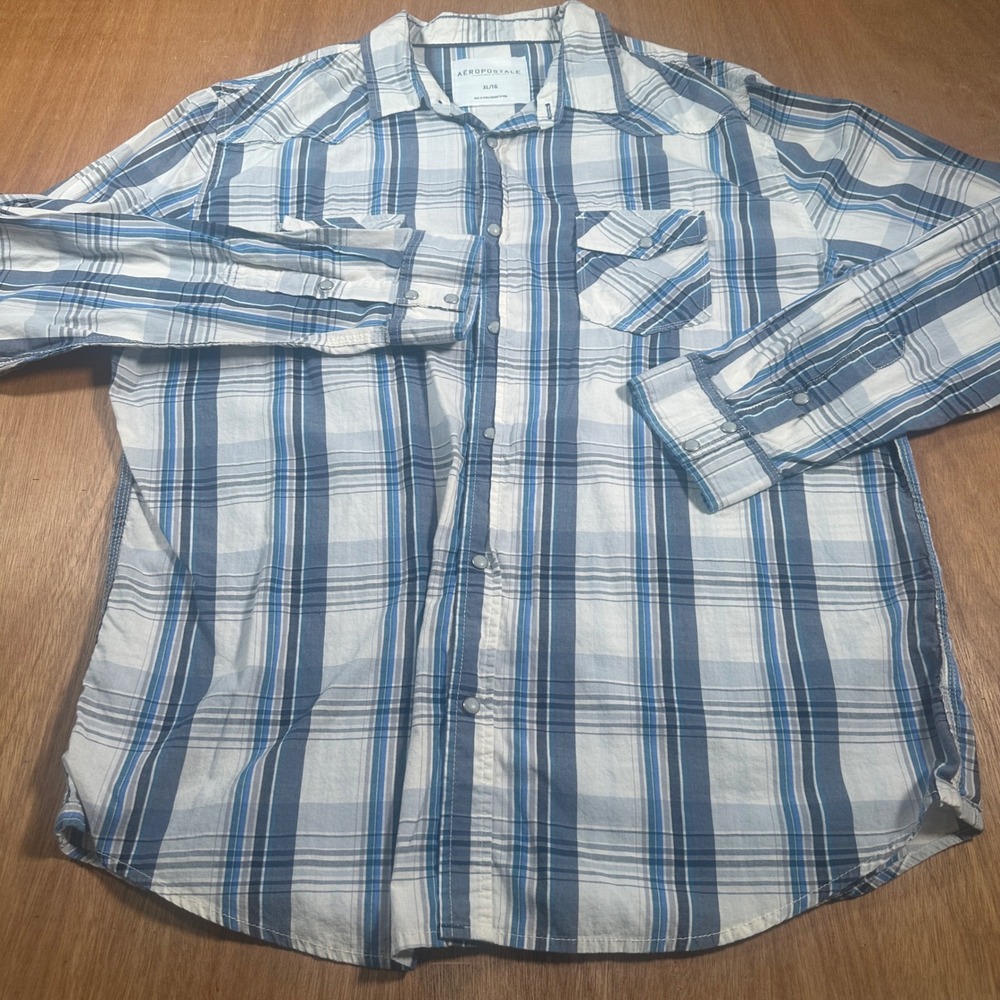Aeropostale Plaid Western Snap Shirt Mens XL Blue White Long Sleeve Cotton